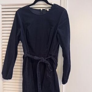 Boden Navy Blue Corduroy Long Sleeve Dress with Tie Belt and Back Zip